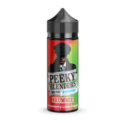 A 100ML bottle of Brummie Freeze Peeky Blenders Vape Juice with a label featuring a graphic of a man's face and text indicating the flavor and nicotine level.